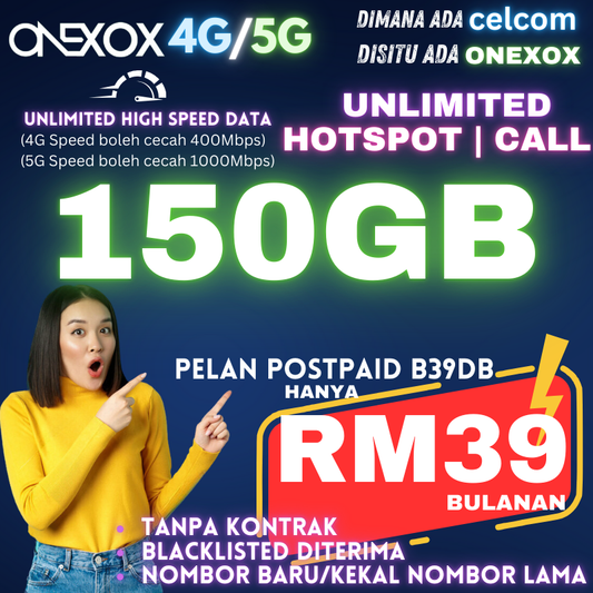 ONEXOX Postpaid 150GB High Speed 4G 5G B39DB Data Plan